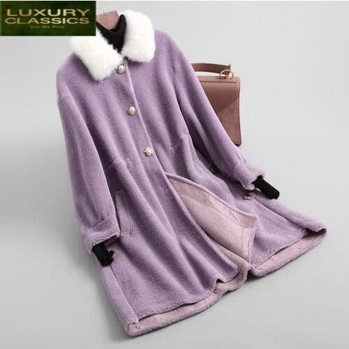Coat Real Female Fur Winter Mink Fur Collar Long Jacket Women Korean Elegant Sheep Shearing Jackets 100% Wool Tops 687