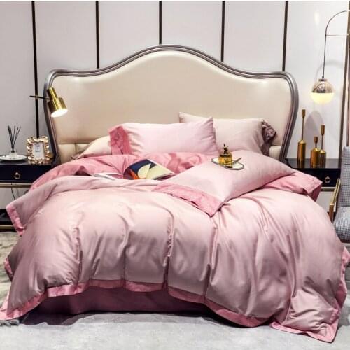 Luxury Rose Powder Satin Cotton Bedding Set Duvet Cover Set Bed Linen Pillowcases Fitted Sheet Home Textile King Queen