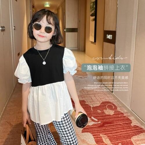 Girls Korean Short Sleeve Shirt 2021 Summer New Cute Cool Splicing Bubble Sleeve Baby Shirt Children Soft Cotton O-Neck Blouse