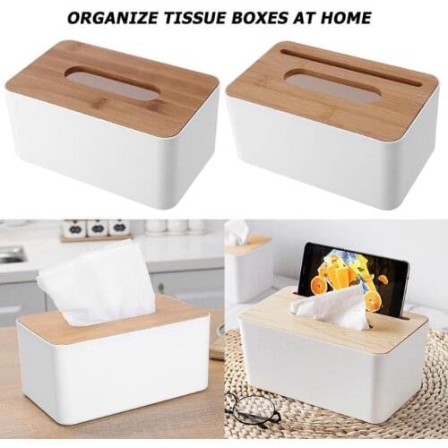 Removable Plastic Tissue Box with Bamboo Wooden Cover Phone Slot Home Car Napkins Holder Kitchen Case Holder Storage Decoration