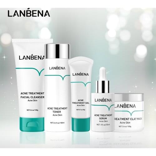 LANBENA Oligopeptide Facial Cleanser Acne Scar Acne Treatment Toner Clay Mask Acne Skin Deep Cleansing Shrink Pore 5Pcs/set