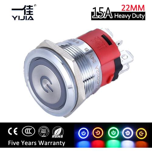 22mm 15A High Current Stainless steel Momentary latching Push Button Switch with LED light 12V 36V220V 1NO 1NC