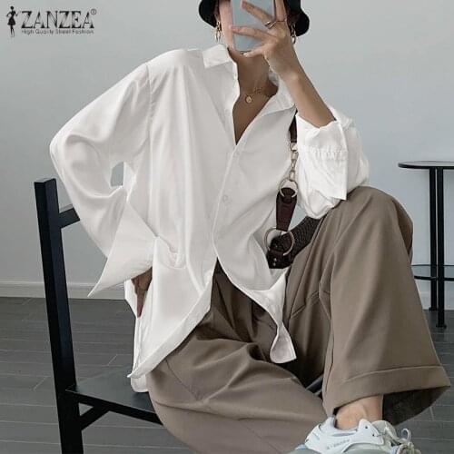 ZANZEA Fashion Women Autumn Shirt 2021 Elegant Lapel Neck Long Sleeve Stain Blouse Casual Loose Buttons Tops Chemise Blusas