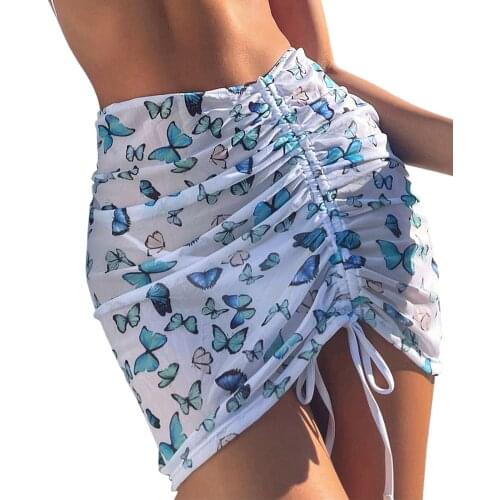 Women Summer Beach Skirt Sheer Butterfly Print High-Waist Drawstring Sun-Proof Swimsuit Cover for Girls 3 Colors