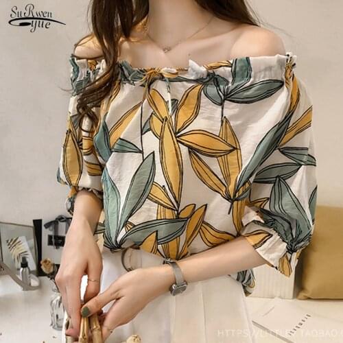 2021 Korea Printing Chiffon Shirt Women Casual Plus Size Off-the-shoulder Female Blouse Short Sleeve Summer Women Clothing 13754