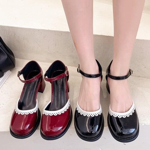 Cover Toe Women Sandals 2021 Summer Autumn Patent Leather Dress Shoes Ankle Strap Pumps Square Heeled Ladies Shoes Black 9346N
