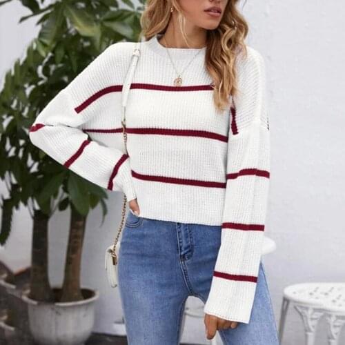 Autumn Winter New Women Sexy White O Neck Sweater Casual Long Sleeve Knitted Jumper 2020 Elegant Striped Print Tops Pullover