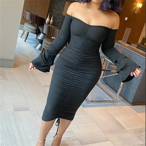 Women Spring Autumn Ribbed Ruched Sheath Dress Off-shoulder Solid Color Boat Neck Flare Sleeve Long Dress with Drawstring