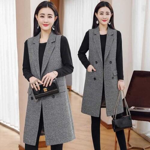 2021 Woman Classic Plaid Long Vests Female Sleeveless Elegant Jackets Office Lady Coat Waistcoat Causal Suits Cardigans H702