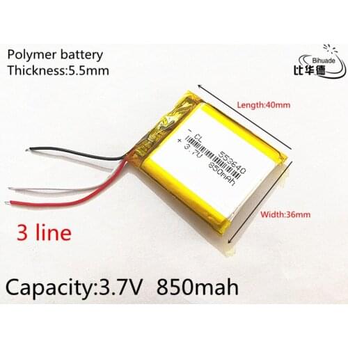 3 line 3.7V 850mAh 553640 Lithium Polymer Li-Po li ion Rechargeable Battery cells For Mp3 MP4 MP5 GPS