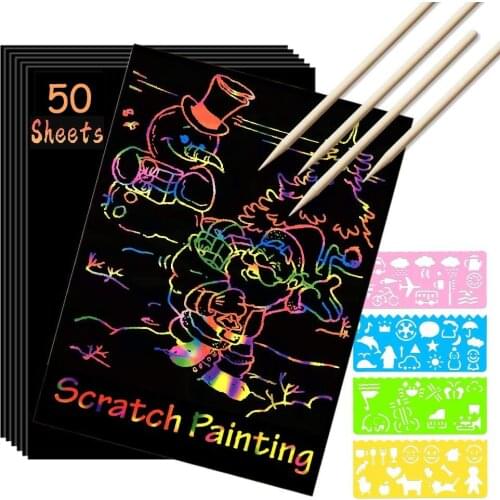 50 Pcs Rainbow Magic Scratch Paper Kit for Kids Black Scratch it Off Art Crafts Notes with 5 Wooden Stylus and 4 Stencils Diy