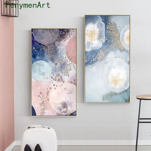 Abstract Pink Blue Space Flower Canvas Painting Gold Silver Geometric Poster Printing Nordic Wall Art Picture Aisle Home Decor