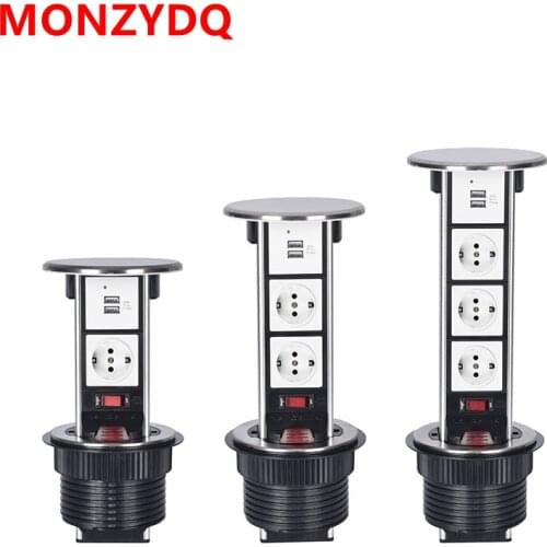 MONZYDQ EU Plug 2/3/4/5 power Kitchen Table Electrical Socket Desktop Sockets Power 1 Led+2 charge USB Aluminum Shelf