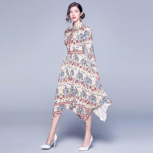 Euramerican Spring Autumn Fashion Print Cotton Dresses Noble Dinner Party Lady Dresses Bohemian High-Grade Mid-Calf Women Dress