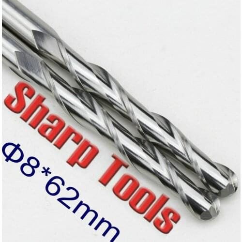 8*62MM 2 Flute Ball Nose Solid Carbide End Mills CNC Wood Carving Bits Router Cutter Long 3D Engraving Bits CNC End Mill Tools