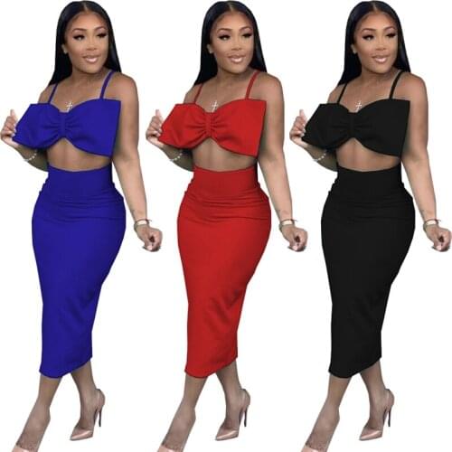 ZKYZWX Two Piece Set Bow Crop Top Split Midi Dresses Sexy Off Shoulder Summer Outfit for Women Backless Night Club Matching Sets