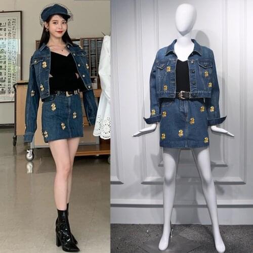 Kpop IU Lee Ji Eun 2021 street fashion Blue long sleeve denim jackets short coat and sexy bag hip mini skirts lady Two-piece set