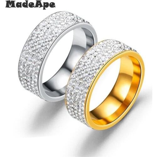 MadApe 5 Row Crystal Jewelry Stainless Steel Silver Color Gold Color Stainless Steel Women Wedding Rings 8mm 7-12