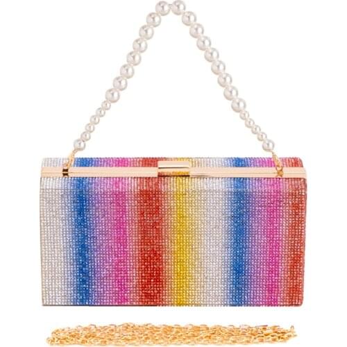 Fashion New Party Pearl Handbags Rainbow Rhinestone Dinner Bag Female Color Crossbody Diamond Shoulder Bag Banquet bag