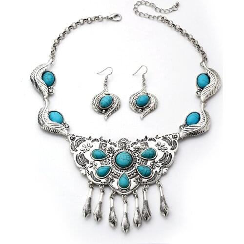 New Bohemian Euro western Necklace earring set Vintage Neck Collier Multi Layer Necklace for Women turq nature high quality
