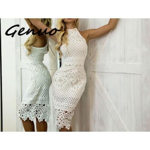 Genuo New Elegant Party Sexy Night Club Dresses Round Neck Sleeveless Bodycon Lace Dress Hollow Out Dress Vestidos Summer 2019