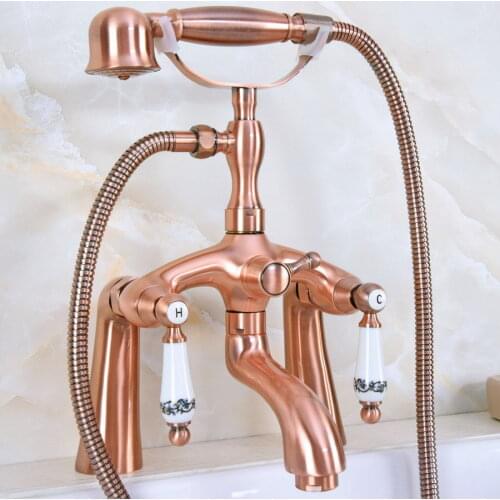 Deck Mount Claw-foot Bathtub Faucet Tub Filler Handheld Shower Antique Red Copper Brass Dual Ceramic Handles ana167