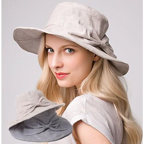 2018 Summer Korean Women Bow Tie Cotton Linen Bucket Hat Fashion Design UV Protection Striped Sun Hat Big Brimmed Foldable Hats