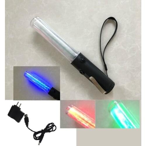26cm Rechargeable LED Flashing Red Blue Green Shift PVC Traffic Command Emergency Fluorescent Luminous Warning Baton
