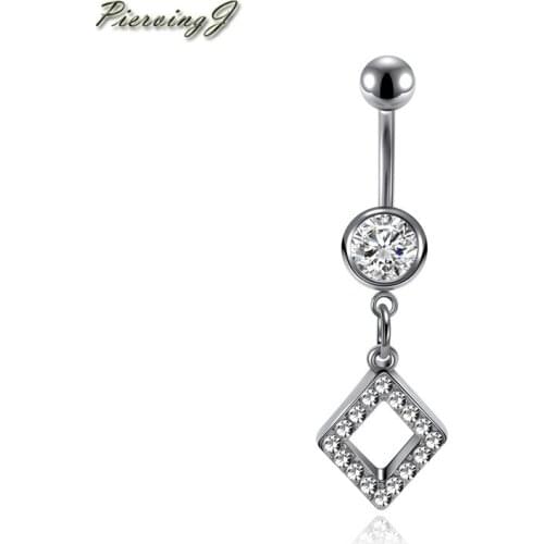 PiercingJ Stainless Steel Rhombus Dangle Gem Rhinestone Belly Button Navel Bar Ring Sexy Body Piercing Jewellery 1 Pc