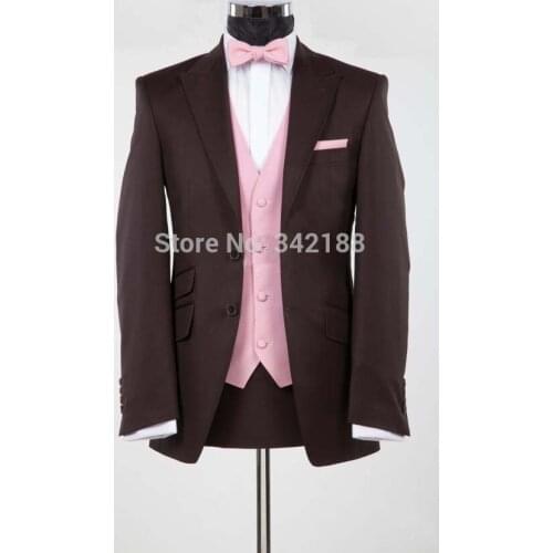 Custom Made Brown Ticket Pocket Groom Tuxedos Best Man Peak Lapel Groomsmen Men Wedding Suits Bridegroom (Jacket+Pants+Tie+Vestw