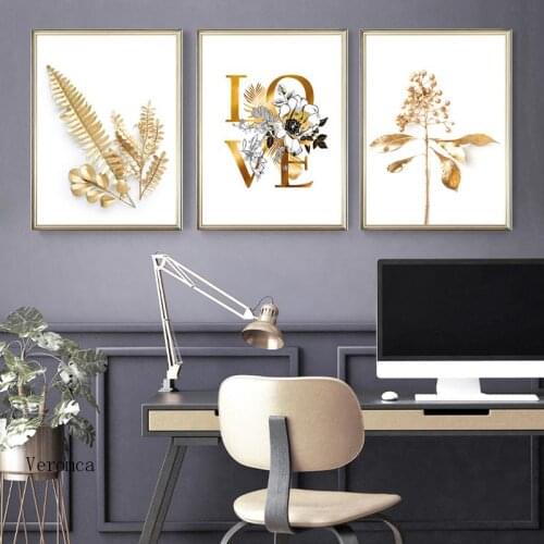 Modern Light Luxury Wall Art Poster Golden Leaves Flower Canvas Painting Picture for Living Room Home Decoration Wedding Gift