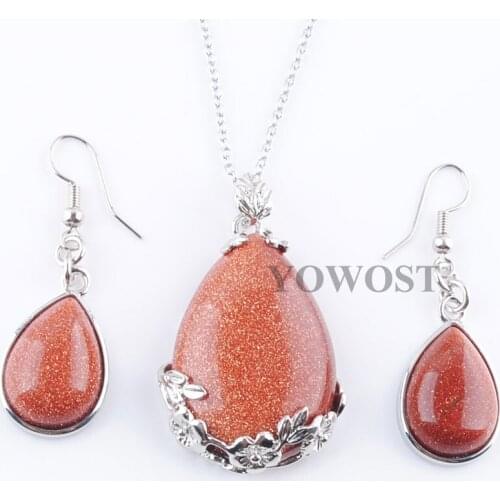 Women Jewelry Sets Valentines Day Gift Natural Gem Stone Golden Sand Teardrop Chain Necklace Earring Set Chakra Healing IQ3070