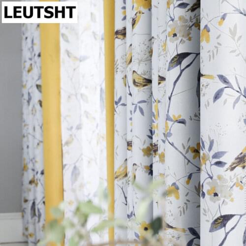 American Pastoral Country Flower and Bird Stitching Printed Curtains Modern Simple Living Room Bedroom Blackout Curtains Custom