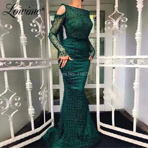 Green Beaded Evening Dresses Mermaid With Long Sleeves Arabic Dubai Open Back Wedding Party Gowns Celebrity Prom Dress 2019 New