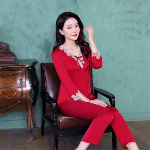 Women V-neck Satin Lace Pajamas Long Sleeve Casual 2 Piece Set Sleepwear Female Home Suit Nightwear