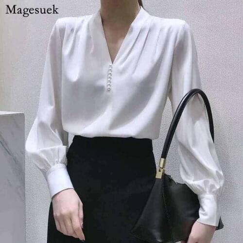 V Neck Casual Beading Office Lady Plus Size Chiffon Shirts Autumn Spring Lantern Sleeve Women Blouse Women Solid Clothing 12270