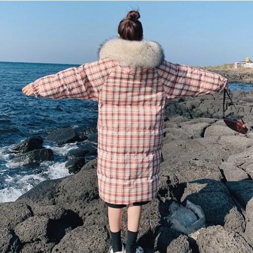 Heydress 2019 women parkas winter warm Cotton-padded lady fur collar plaid down coat female pocket pink casual thick coats