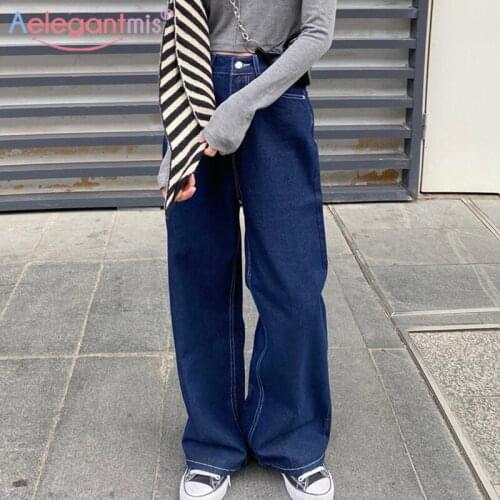 Aelegantmis High Waist Wide Leg Jeans Women Retro Casual Loose Denim Trousers New Fashion Cowboy Straight Long Pants Korean 2021