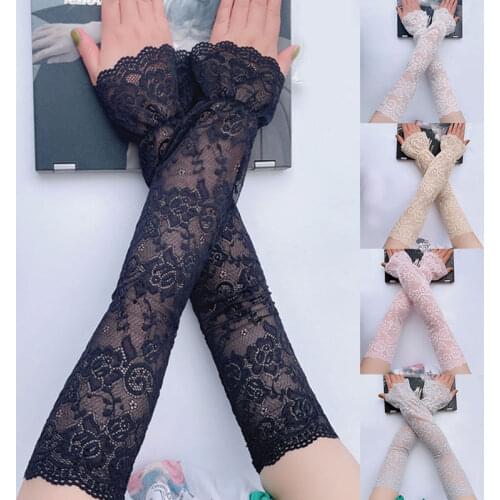 Women Elastic Sleeve Driving Cycling Lace Gloves Long Fingerless Lace Arm Sleeve Covered Summer Outdoor Sunscreen Lace Sleeves