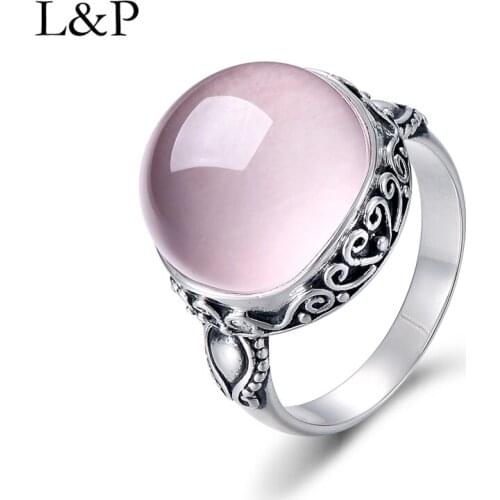 L&P Elegant Rose Quartz Ring For Lady Authentic 925 Sterling Silver Inlay Pink Crystal Ring For Anniversary Wedding Gift