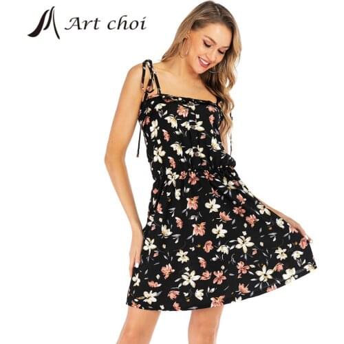 Women Ruffle Mini Bow Floral Spaghetti Strap Dress Summer Beach Shirt A-Line Sleeveless Lady Korean Style Boho Party Vestido