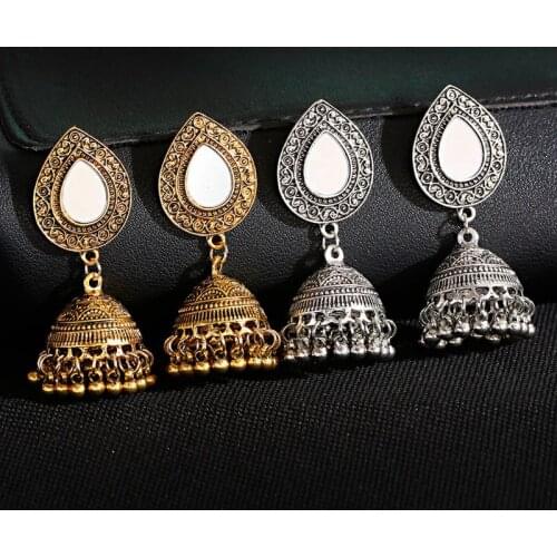 2020 Vintage Afghan Flower Gold Alloy Bollywood Earrings For Women Ethnic Mirror Oxidized Jhumka Earrings