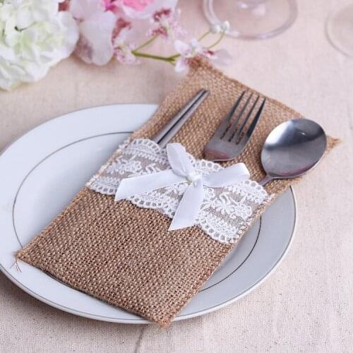 240pcs/lot Vintage Shabby Chic Jute Burlap Lace Wedding Tableware Pouch Cutlery Bag Rustic Wedding Table Decoration WA0841