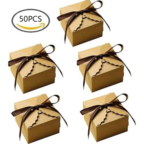 50pcs Kraft Paper Candy Box DIY Wedding Favor Decor Gift Boxes Vintage Retro Mini Birthday Party Cake Box Packaging With Ribbons