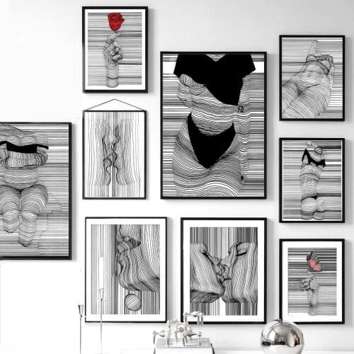 Abstract Kiss Girl Body Lines Hand Flower Wall Art Canvas Painting Nordic Posters And Prints Wall Pictures For Living Room Decor