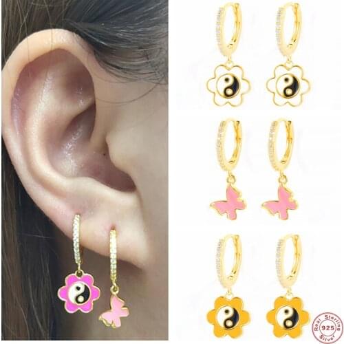 Aide 925 Sterling Silver Fashion Yin Yang Pattern Pendant Dangle Earrings 2021 Trend Pink Enamel Butterfly Charm Drop Earrings