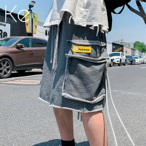 KE Summer new casual pants mens trendy big pocket overalls shorts 2021 Hong Kong style loose fashion sports five-point pants