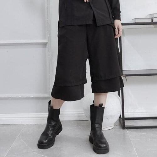 Womens summer style yamamoto style classic black false two design casual loose large straight leg cropped pants