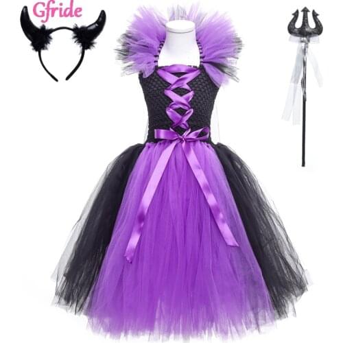 Girls Halloween Evil Queen Long Dresses Kids Witch Costume Tutu Dress With Horns Feather Christmas Party Dress Children Clothing