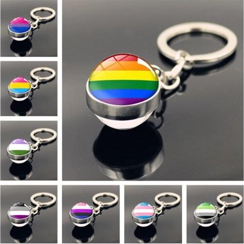 FIMAODZ Gay Pride Rainbow Flag Keychain Lesbian LGBT Pride Glass Dome Double Sided Pendant Key Chain Couple Valentines Day Gift